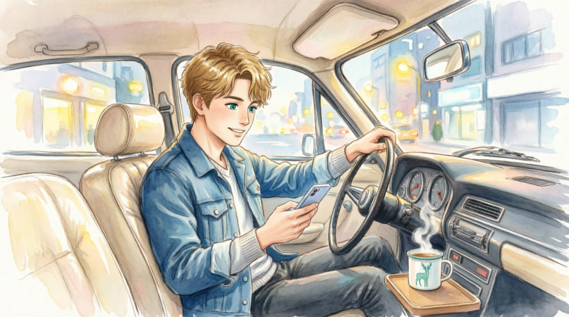 A handsome young man in his 20s sitting in the driver's seat of a car at night
