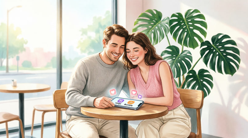 Happy couple using Hinge and Bumble dating apps for serious relationships