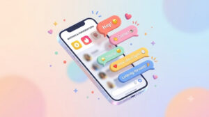 illustration of a floating smartphone with colorful chat bubbles popping out of the screen. Subtle visual cues of dating apps on the screen