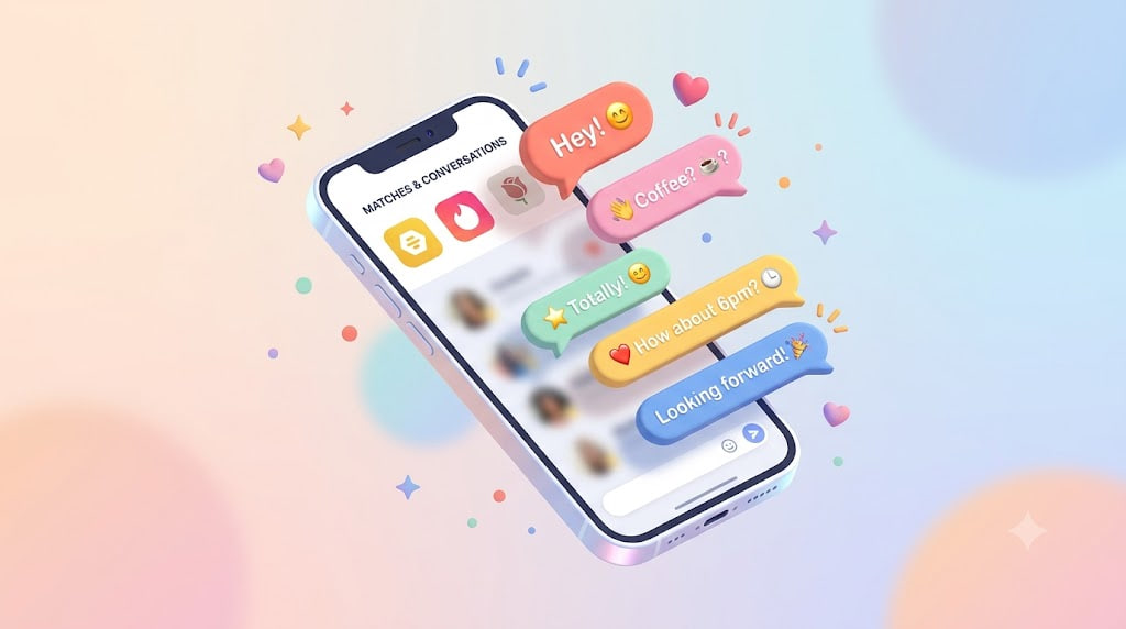 illustration of a floating smartphone with colorful chat bubbles popping out of the screen. Subtle visual cues of dating apps on the screen