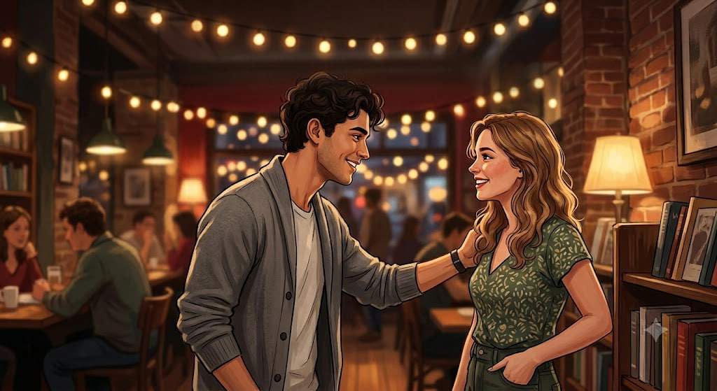 positive body language for flirting between a man and a woman in a cozy, warm-lit cafe. A confident young man and a smiling young woman are making direct eye contact. The man gently touches the woman's shoulder, showing subtle physical attraction and chemistry
