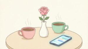 Minimalist illustration of a cafe table with a smartphone on it, representing first date mistakes