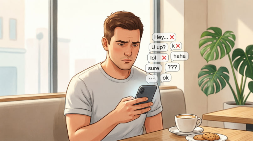 Confused man looking at smartphone with failed text messages and chat bubbles in modern cafe