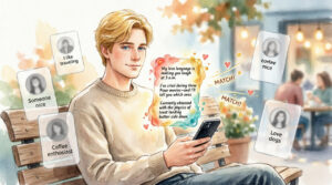 confident blond man sitting on a bench with his phone, surrounded by generic dating profiles with boring answers like 'I like traveling' and 'Someone nice.' His profile stands out in vibrant colors with creative Hinge prompts: 'My love language is making you laugh at 3 a.m.,' 'I've cried during three Pixar movies,' and 'Currently obsessed with the physics of toast landing butter-side down.' Hearts and 'MATCH!' notifications float around him, showing how witty prompt answers help him stand out from other dating app users.