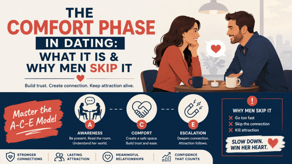 Flat vector illustration in a 16:9 format showing a smiling couple enjoying a coffee date, alongside icons representing the A-C-E model (Awareness, Comfort, Escalation). The graphic explains the comfort phase in dating, why some men skip it, and how building trust strengthens attraction and emotional connection.