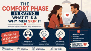 Flat vector illustration in a 16:9 format showing a smiling couple enjoying a coffee date, alongside icons representing the A-C-E model (Awareness, Comfort, Escalation). The graphic explains the comfort phase in dating, why some men skip it, and how building trust strengthens attraction and emotional connection.