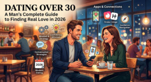 An illustrative blog banner for a post titled "DATING OVER 30: A Man’s Complete Guide to Finding Real Love in 2026." The central scene features an attractive, confident man in his 30s wearing a smart-casual blazer, sitting at a cozy café table with a smiling woman. They are laughing and engaging in a warm conversation, representing a successful modern date. The background shows a warm, softly lit restaurant interior with other couples and a bar.