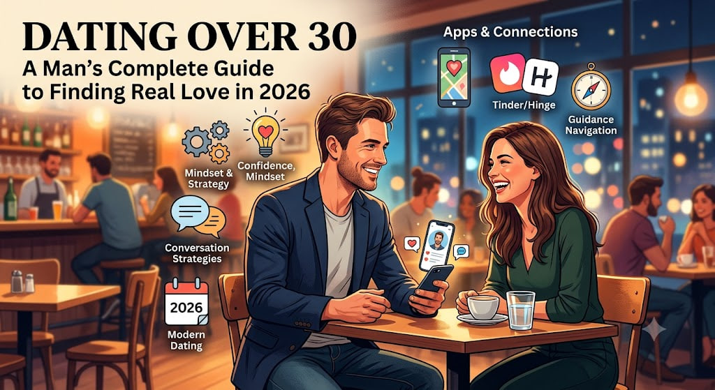 An illustrative blog banner for a post titled "DATING OVER 30: A Man’s Complete Guide to Finding Real Love in 2026." The central scene features an attractive, confident man in his 30s wearing a smart-casual blazer, sitting at a cozy café table with a smiling woman. They are laughing and engaging in a warm conversation, representing a successful modern date. The background shows a warm, softly lit restaurant interior with other couples and a bar.