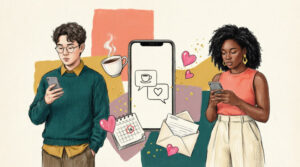 how to ask a girl out over text - man looking at smartphone with confident smile