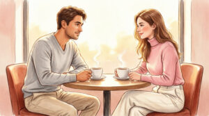 A couple at a café table during an important yet calm conversation.