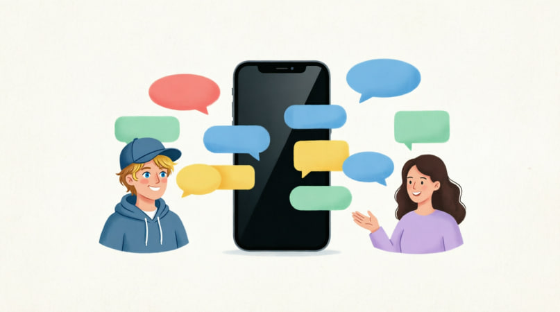 smartphone with flowing chat bubbles between man and woman