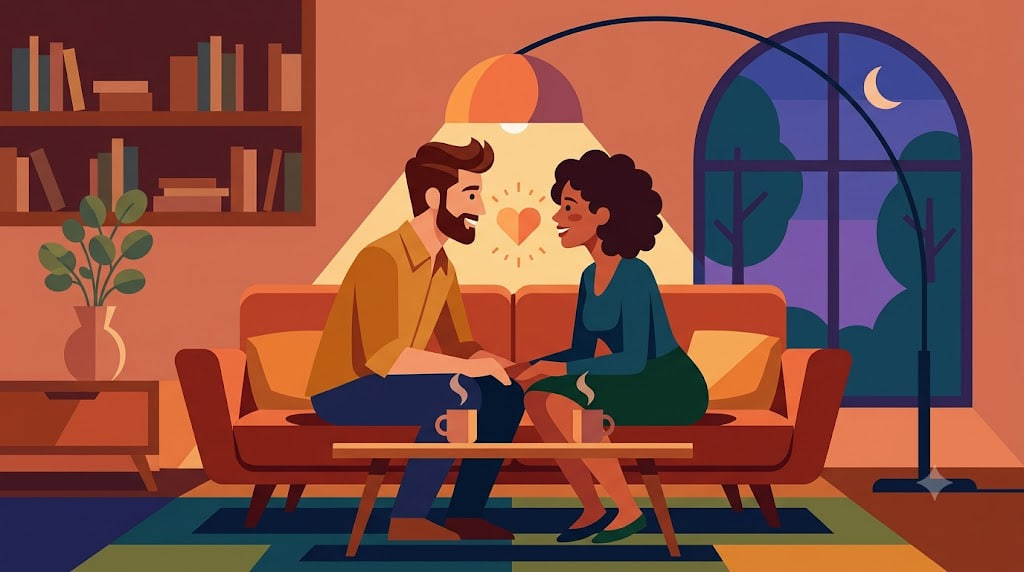 a couple on a romantic third date at home