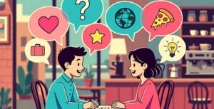 Couple having great conversation on first date at cozy cafe