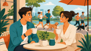 A confident modern man and a stylish woman smiling and talking casually over coffee at a bright, cozy outdoor cafe